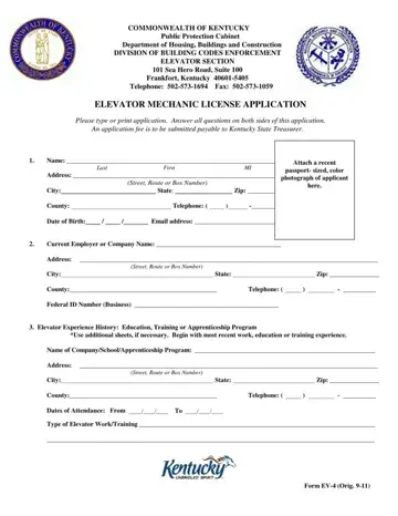 Kentucky Elevator Mechanic License Form Preview