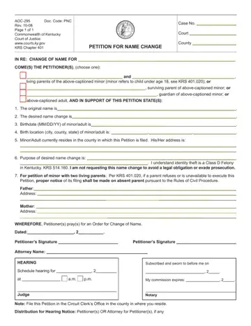 Kentucky Petition Name Change Form Preview