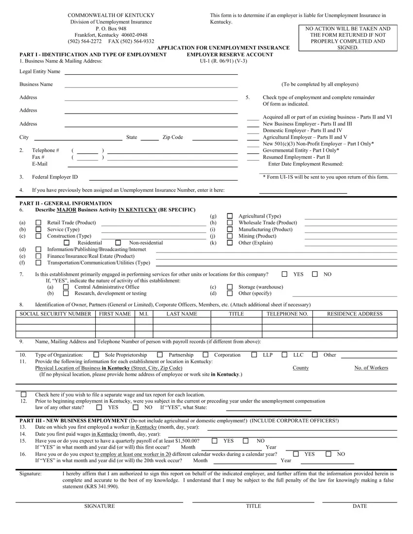 Kentucky Ui 1 Form first page preview