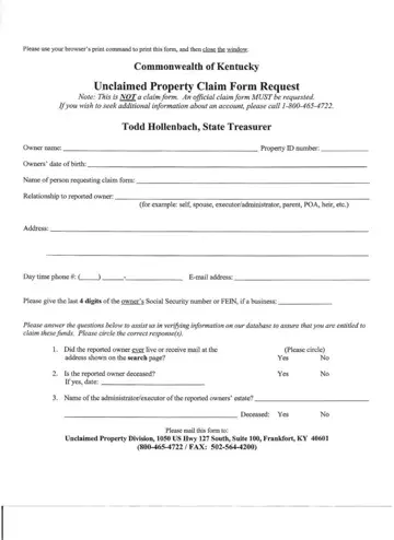 Kentucky Unclaimed Property Reporting Forms Preview