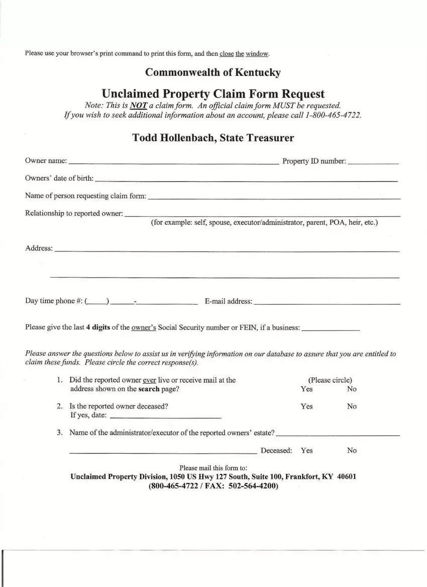 Kentucky Unclaimed Property Reporting Forms first page preview