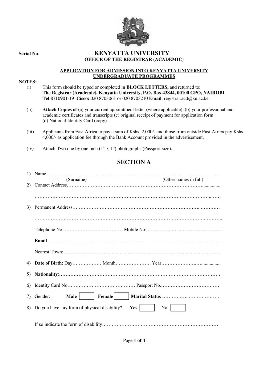 Kenyatta University Application Form first page preview