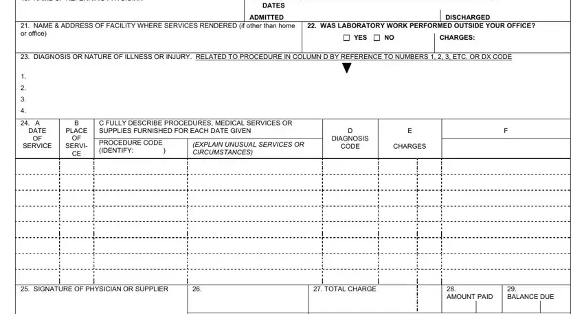 key benefits administrators claims address ADMITTED, DISCHARGED, YES, CHARGES, DATE, PLACE, SERVICE, SERVI, PROCEDURECODEIDENTIFY, DIAGNOSIS, CODE, CHARGES, TOTALCHARGE, AMOUNTPAID, and BALANCEDUE blanks to fill