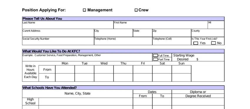 portion of blanks in kfc online application