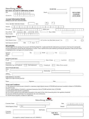 Kia Account Openning Form Preview