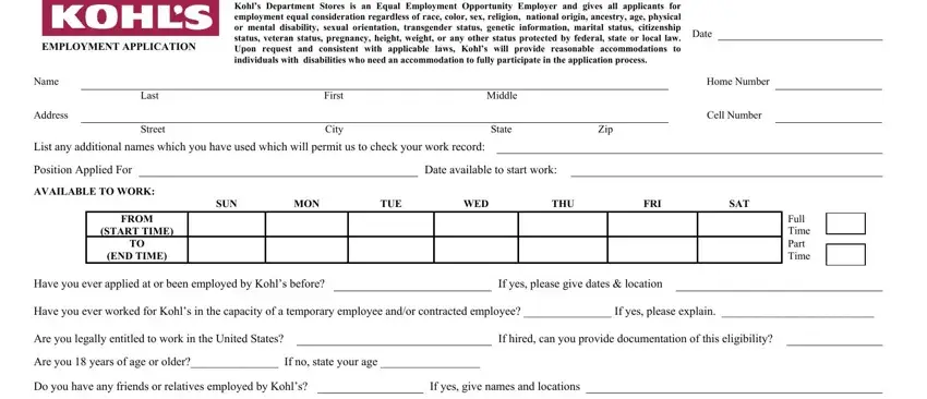 kohls job application fields to complete