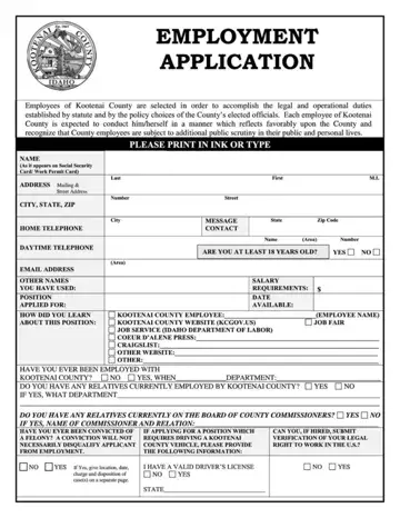 Kootenai Employment Application Form Preview