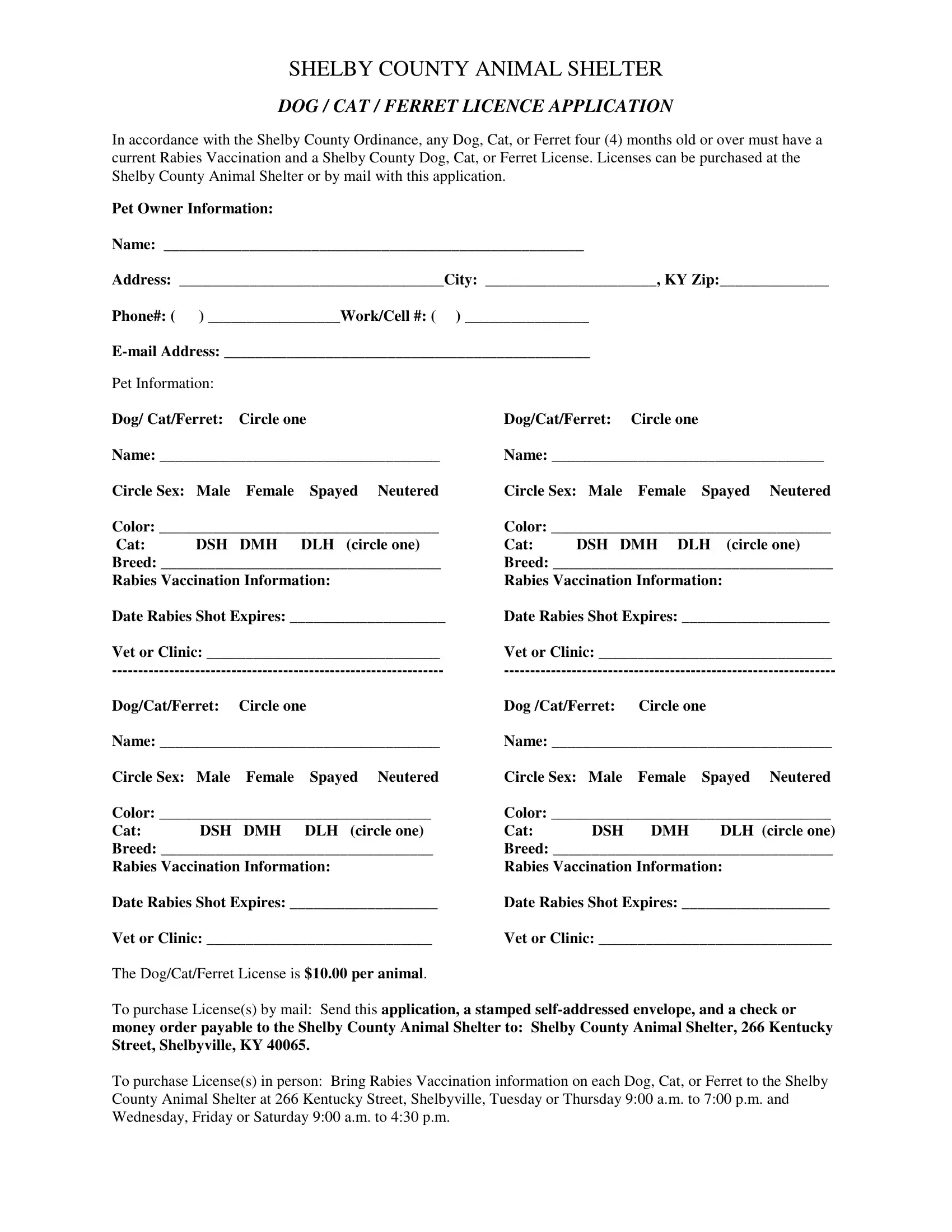 Ky Dog License Shelby County PDF Form FormsPal