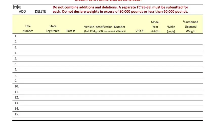 kentucky form weight distance ALL FIELDS BELOW ARE REQUIRED TO, TYPE, ADD, DELETE, Do not combine additions and, Title Number, State Registered, Plate, Vehicle Identification Full digit, Number r vehicles, Unit, Model Year  digits, Make code, and Combined Licensed Weight blanks to fill out