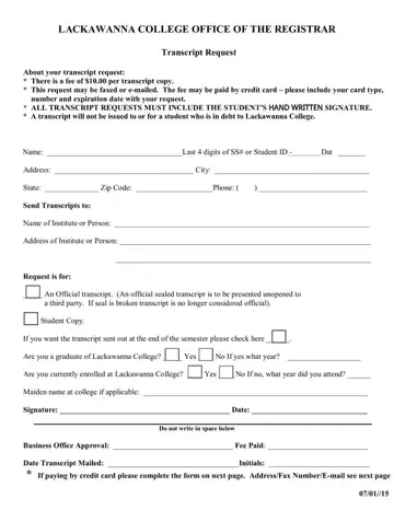 Lackawanna College Transcript Form Preview