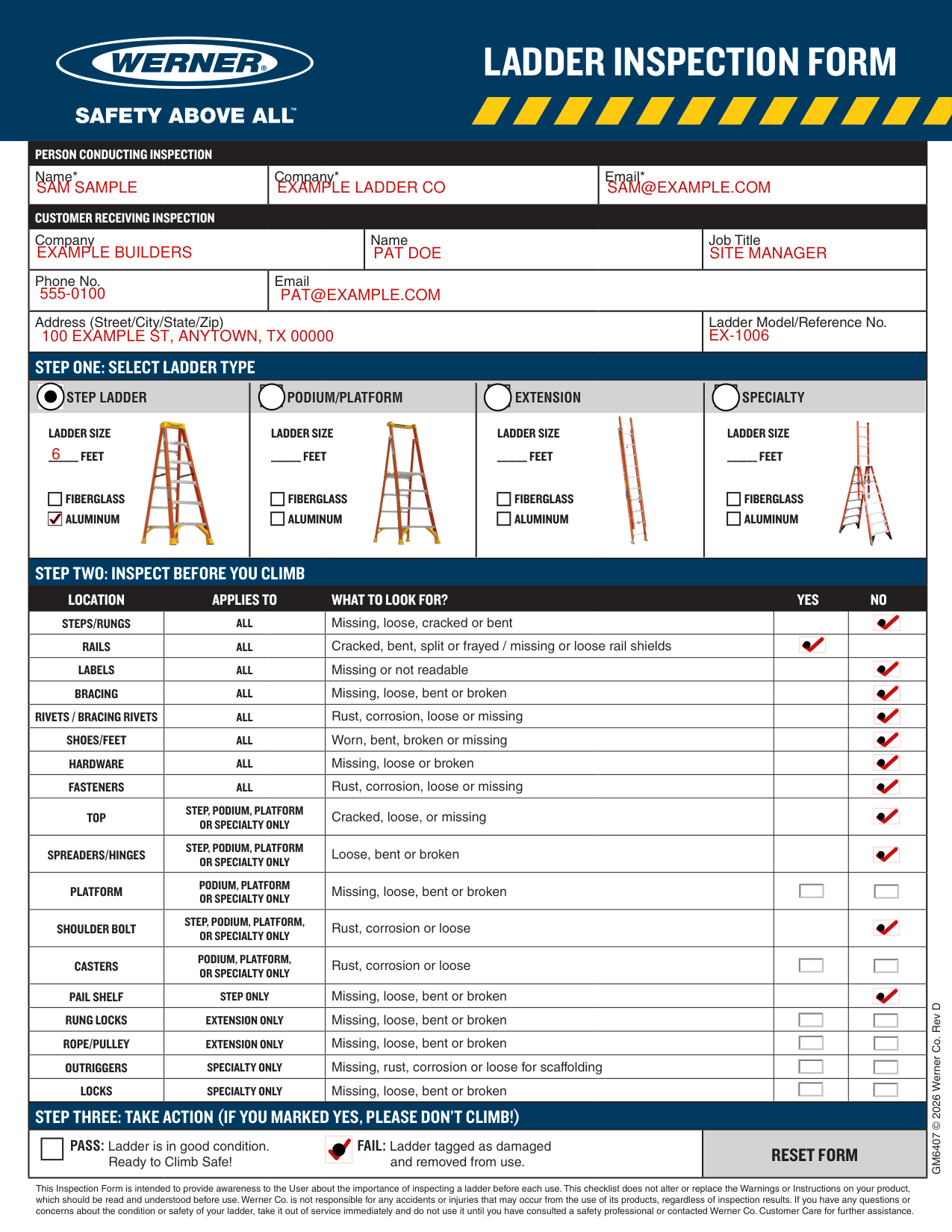 Ladder Inspection Form GM6407 example filled out, example: a step ladder fails its inspection