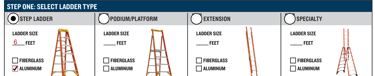 Ladder Inspection Form GM6407 example filled out, step one: select ladder type