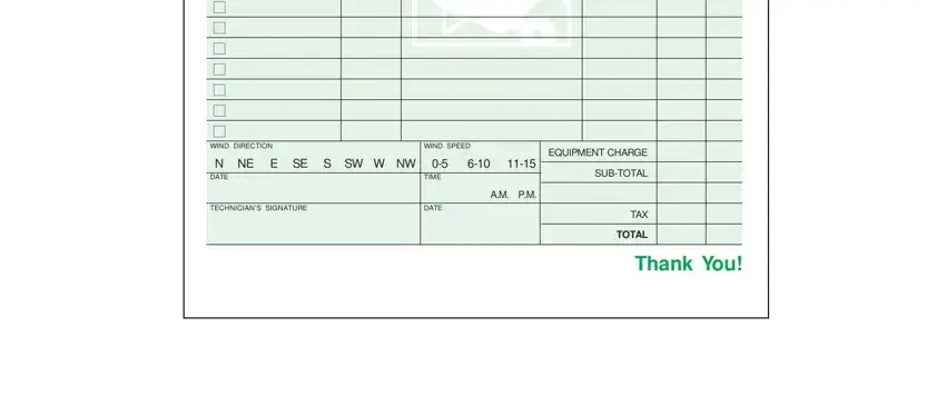 lawn care invoice cid cid cid cid cid cid cid cid, WIND DIRECTION, WIND SPEED, N NE DATE, E SE S SW W NW, TIME, DATE, AM PM, TECHNICIANS SIGNATURE, EQUIPMENT CHARGE, SUBTOTAL, TAX, TOTAL, and Thank You fields to fill out