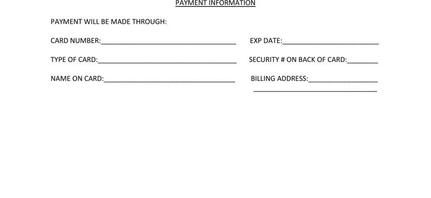 client intake form for lawsuit PAYMENT INFORMATION, PAYMENT WILL BE MADE THROUGH, CARD NUMBER EXP DATE, TYPE OF CARD SECURITY  ON BACK OF, and NAME ON CARD BILLING ADDRESS fields to insert