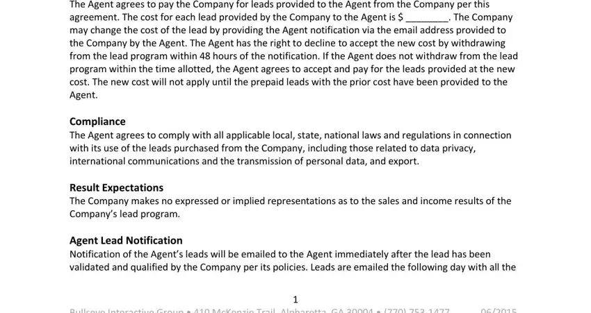 lead generation agreement sample Lead Cost and Notification The, Compliance The Agent agrees to, Result Expectations The Company, Agent Lead Notification, and Bullseye Interactive Group fields to insert