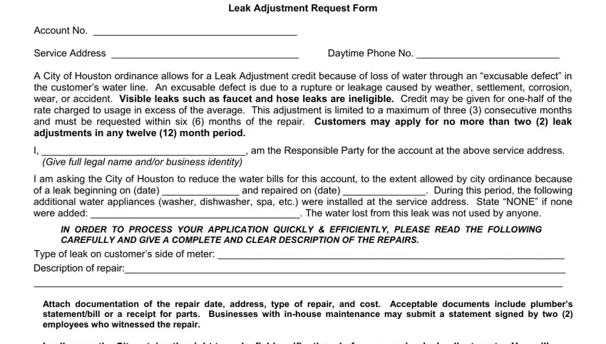 example of empty fields in city of houston water leak adjustment form