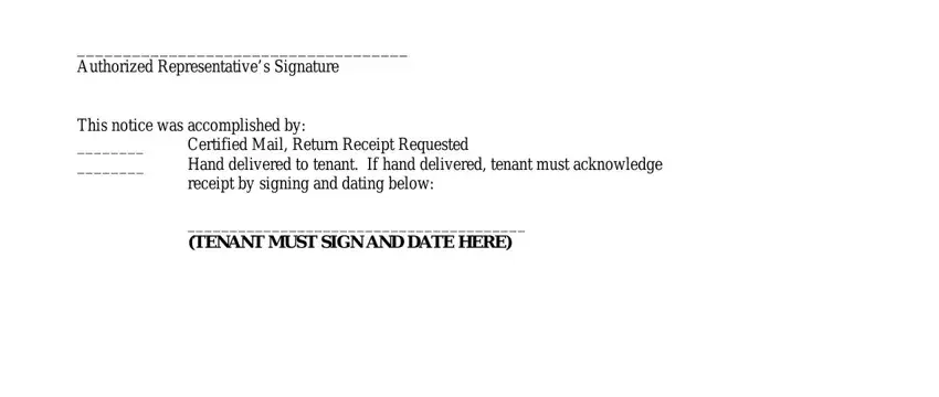 lease violation rules Authorized Representatives, This notice was accomplished by, Certified Mail Return Receipt, and TENANT MUST SIGN AND DATE HERE blanks to fill