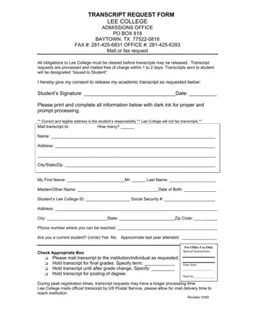 Lee College Transcript Request Form Preview