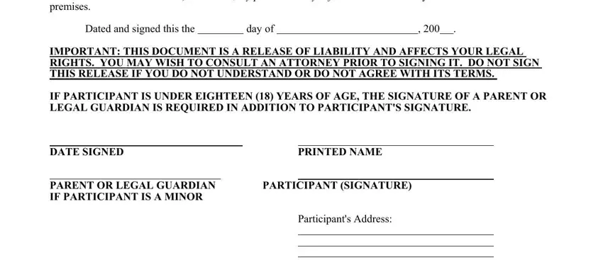 hunting liability release form PARTICIPANTSIGNATURE, Datedandsignedthisthedayof, PRINTEDNAME, and ParticipantsAddress fields to complete