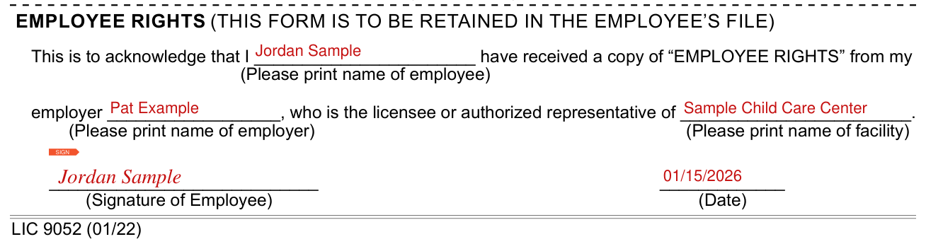 LIC 9052 example filled out, the acknowledgement of receipt at the bottom of the form