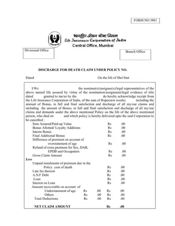 LIC Death Claim Form 3801 Preview