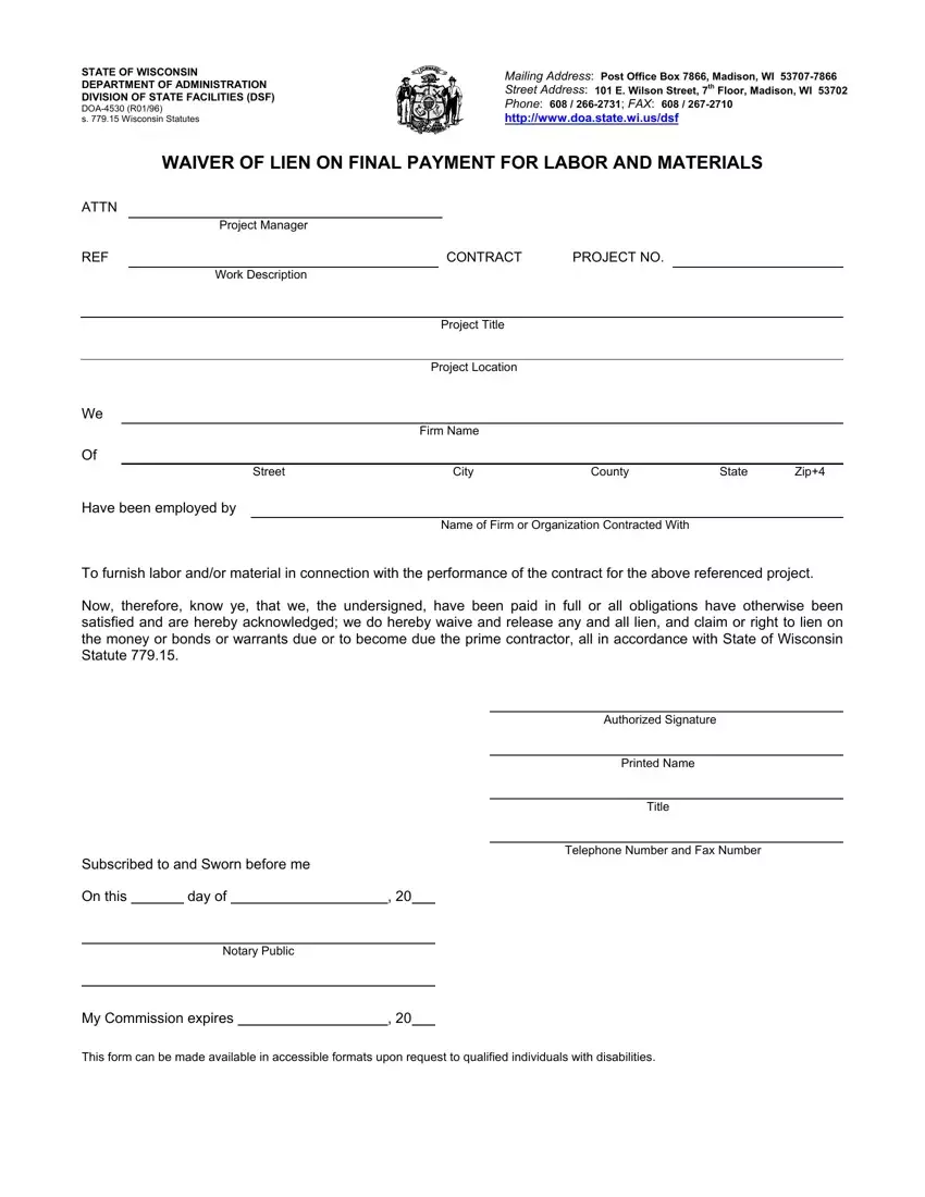 Lien Waiver Form Wisconsin first page preview