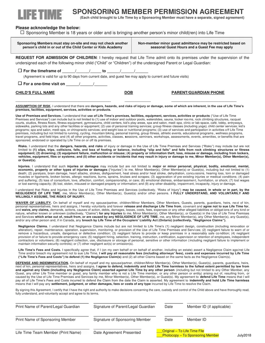 Lifetime Fitness Form first page preview