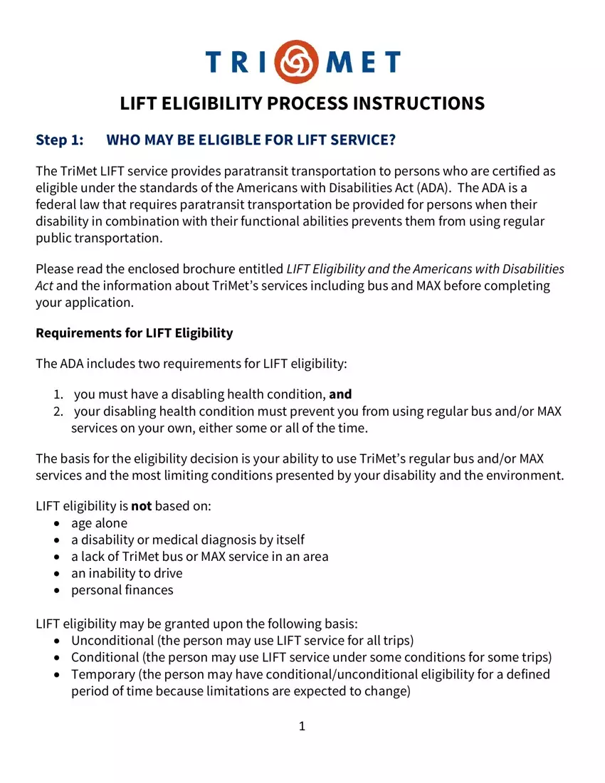Lift Eligibility first page preview