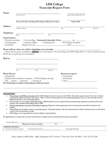 Lim College Transcript Request Form Preview