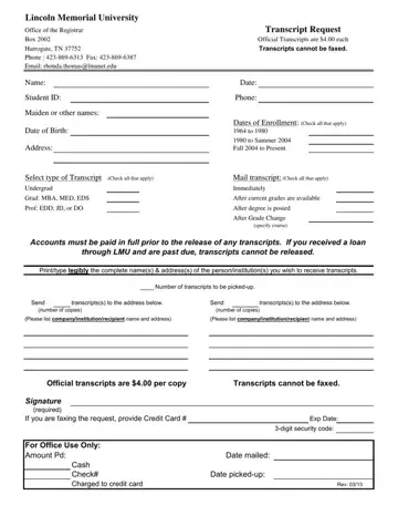 Lincoln Memorial Transcript Request Form Preview
