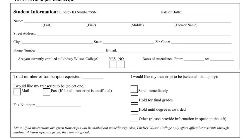 lindsey college transcript request spaces to complete