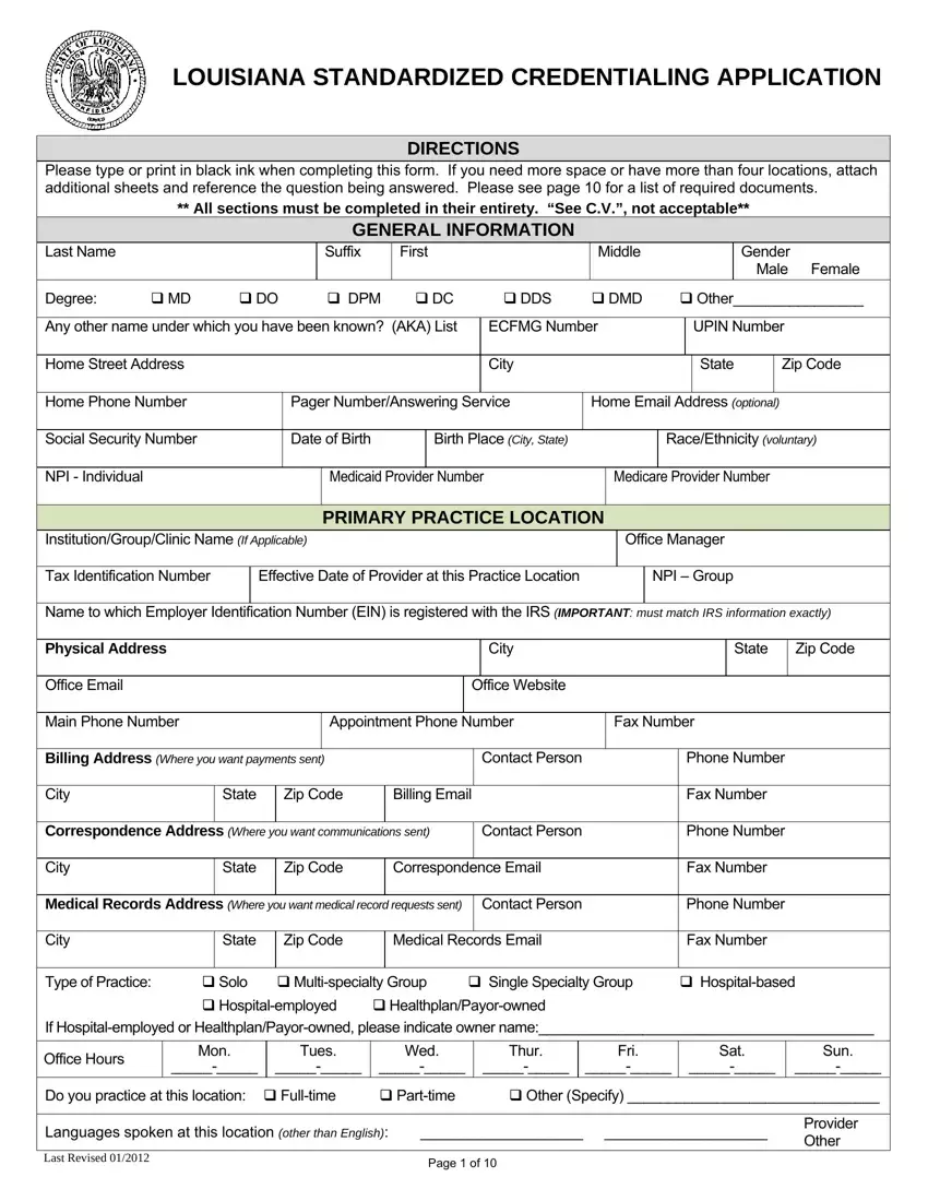 Louisiana Credentialing Application first page preview