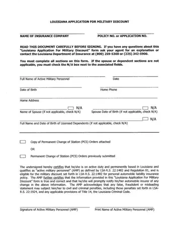 Louisiana Military Discount Form Preview