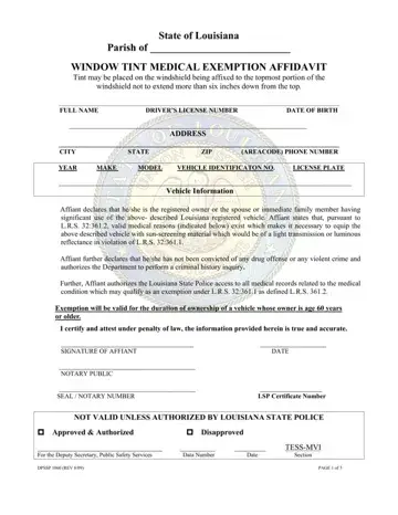 Louisiana Window Tint Exemption Sticker Form Preview