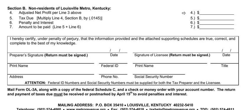 ol 3 Section B Nonresidents of, Tax Due Multiply Line  Section B, Adjusted Net Profit per Line, I hereby certify under penalty of, Preparers Signature Return must be, Date, Signature of Licensee Return must, Print Name, Federal ID, Print Name, Date, Title, Address, Phone No, and Social Security Number blanks to fill