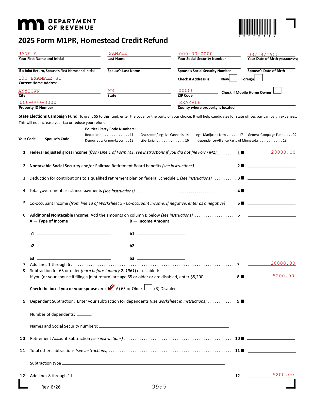 Form M1PR example filled out, example: a homeowner aged 65 or older asks for a refund
