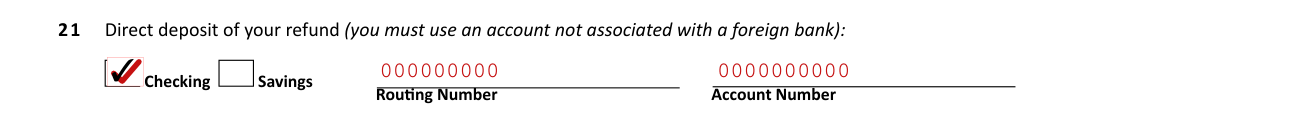 Form M1PR example filled out, line 21, direct deposit of your refund
