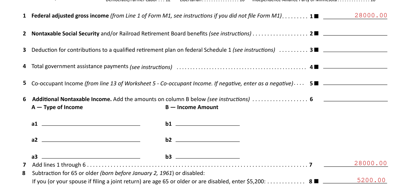 Form M1PR example filled out, lines 1 to 7, income