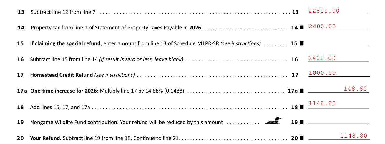 Form M1PR example filled out, lines 13 to 20, property tax and your refund