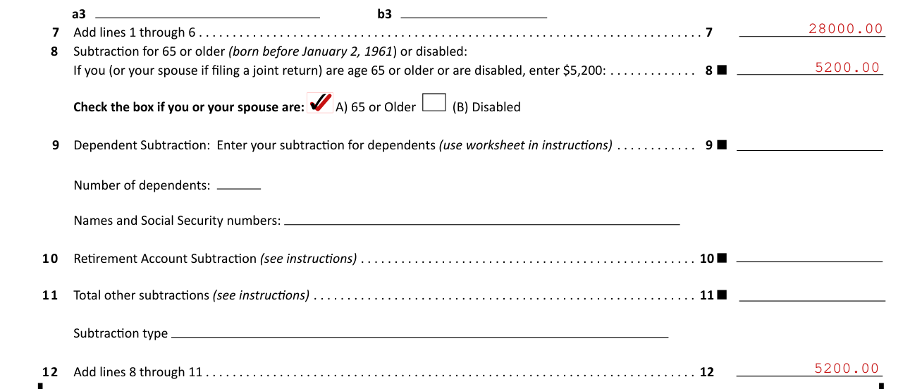 Form M1PR example filled out, lines 8 to 12, subtractions