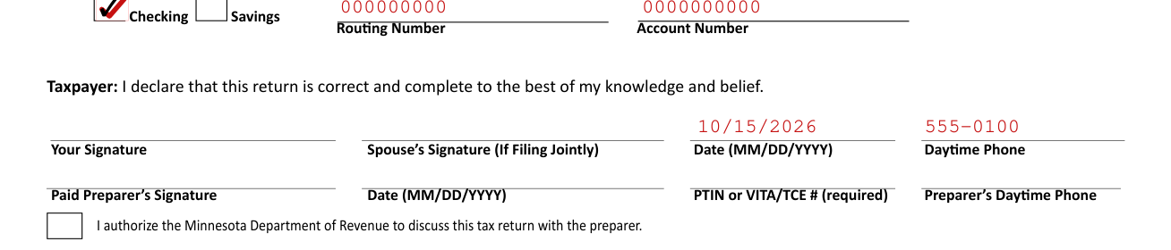 Form M1PR example filled out, signing, the paid preparer and the authorization