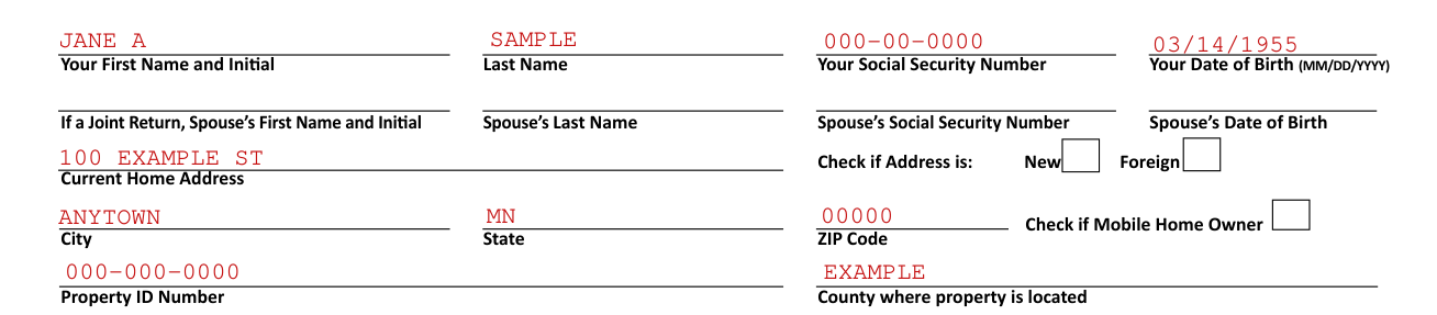 Form M1PR example filled out, your name, your spouse, your home address and the property