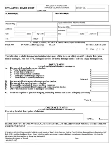 Ma Civil Cover Sheet Form Preview