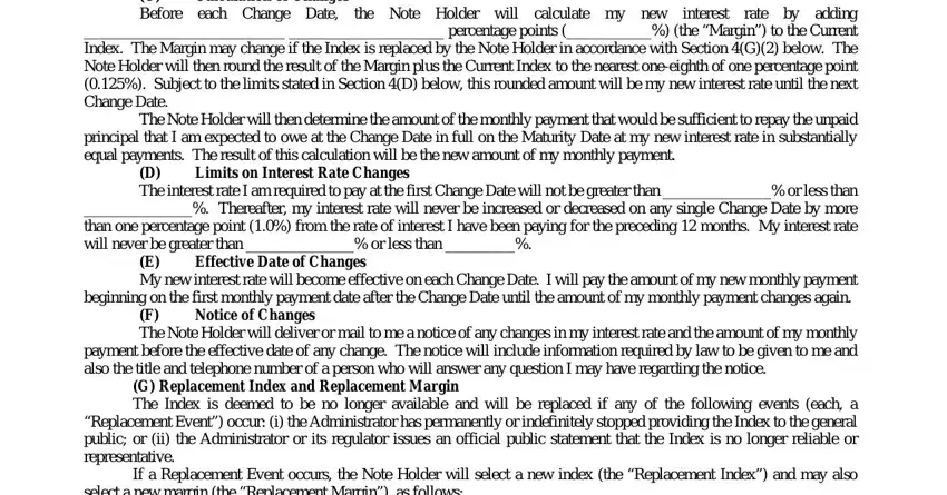 sba 3501 CBeforeeachChangeDate, CalculationofChanges, theNoteHolderwillcalculatemynew, interest, LimitsonInterestRateChanges, EffectiveDateofChanges, and NoticeofChanges fields to complete