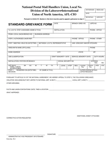 Mailhandler Union Greivance Form Preview