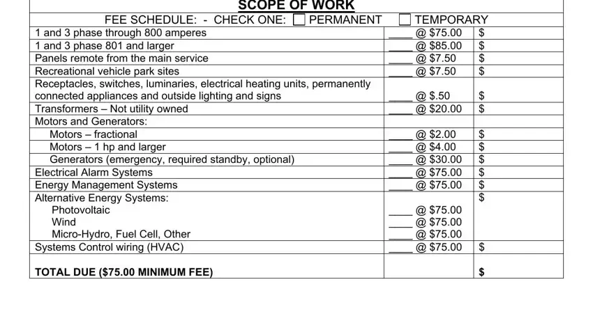 city of falmouth electrical permit application maine FEE SCHEDULE  CHECK ONE, PERMANENT, SCOPE OF WORK, and  phase through  amperes  and, TOTAL DUE  MINIMUM FEE, and TEMPORARY blanks to complete