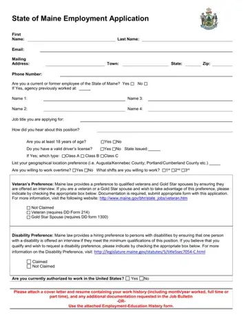 Maine Employment Application Form Preview