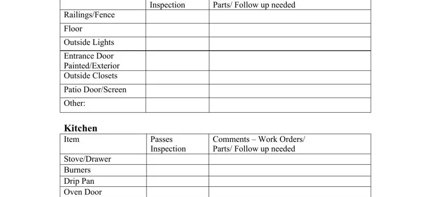 apartment make ready list Passes Inspection, Comments  Work Orders Parts Follow, Passes Inspection, Comments  Work Orders Parts Follow, RailingsFence, Floor, Outside Lights, Entrance Door PaintedExterior, Patio DoorScreen, Other, Kitchen Item, and StoveDrawer Burners Drip Pan Oven fields to fill