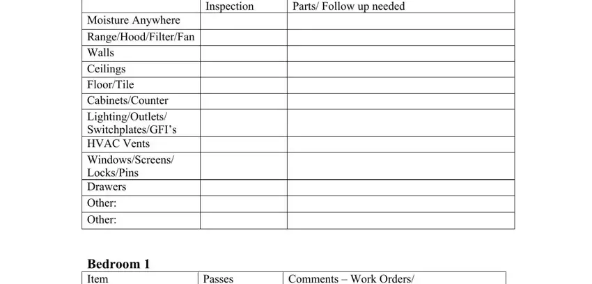 apartment make ready list Passes Inspection, Comments  Work Orders Parts Follow, Passes Inspection, Comments  Work Orders Parts Follow, Moisture Anywhere, and Bedroom  Item fields to complete