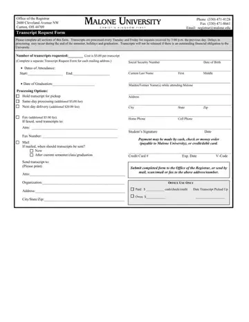 Malone University Transcript Request Form Preview